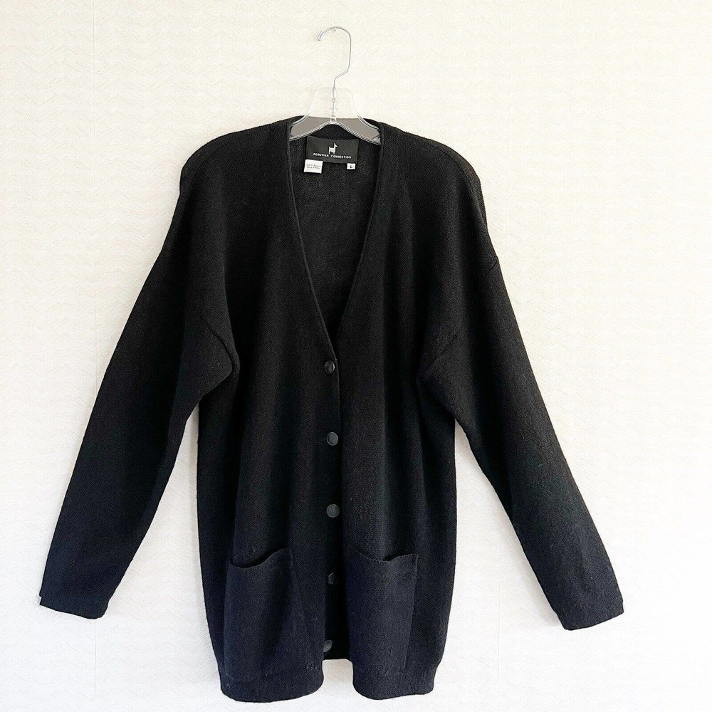 Peruvian Connection Vneck Button Up Alpaca Cardigan Black Women’s Size Large